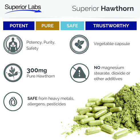 Superior Labs — Best Hawthorn Vitamin Supplement NonGMO, Non Synthetic — 300 mg Dosage, 120 Vegetable Capsules — Powerful Antioxidant — Healthy Di...