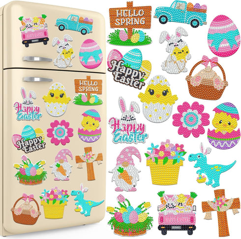 16 Pcs Easter Diamond Painting Magnets for Refrigerator Spring Diamond Art Magnets DIY Bunny Eggs Gnome Cross Flower Diamond Painting Kits Pink Ye...