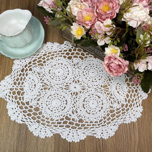Phantomon Handmade Crochet Cotton Lace Placemats Doilies Cloth Crochet Coasters, Pack of 4, Oval Shape, White, 12 x 17 inch (White)...