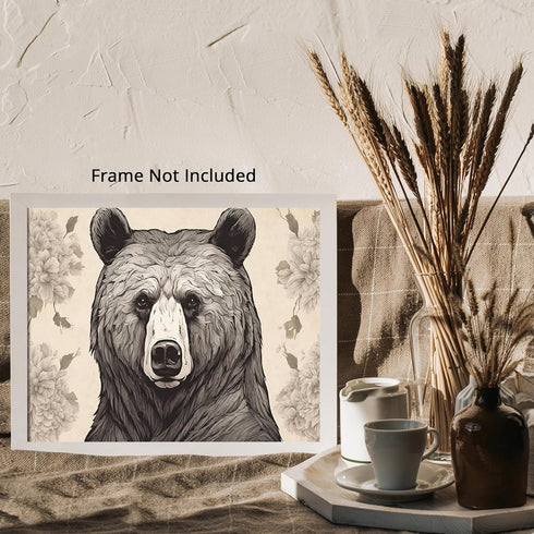 Posterizer 1 pcs- Black and white print of a bear with flowers-Art for Animal Lovers-Floral Botanical Art- Gift for Men Women Teens-Decor for Hom...