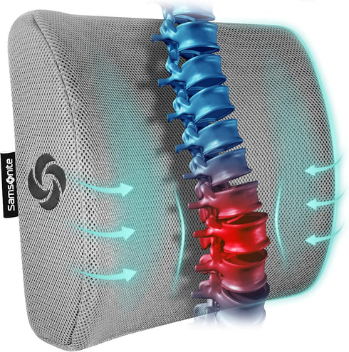 SAMSONITE Lumbar Support Pillow for Office Chair and Car Seat, Perfectly Balanced Memory Foam, Versatile Use Lower Back Cushion, Gray...
