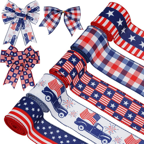 30 Yards Patriotic Wired Edge Ribbon American Flag Stars Stripes Truck Craft Ribbon 4th of July Fabric Ribbon for Independence Day Memorial Day Wr...