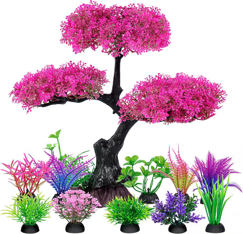 Ameliade Aquarium Artificial Plastic Plants Decoration, Pink Cherry Blossom Tree & Grass Aquarium Decor Set, Goldfish Betta Fish Tank Decorations ...