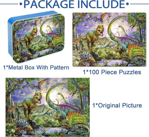 LELEMON Puzzles for Kids Ages 4-8,Dinosaur 100 Piece Puzzles for Kids,Educational Kids Puzzles Jigsaw Puzzles in a Metal Box,Children 100 Piece Pu...