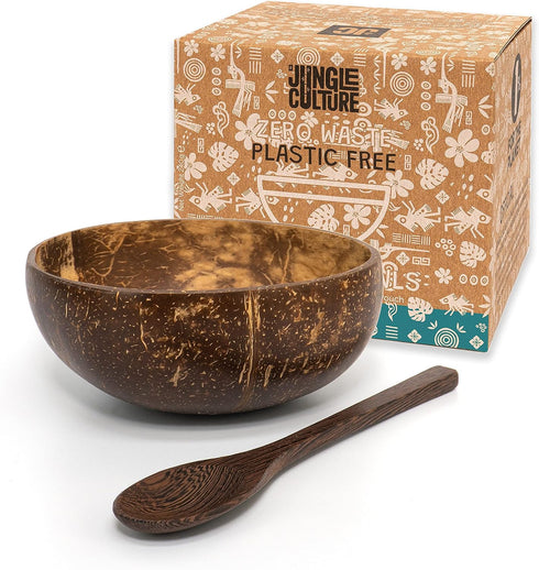 Jungle Culture 1 Coconut Bowl & Spoon with FREE eBook • Wooden Bowl • Salad Serving Bowl • Acai Smoothies Pasta Cereal Bowl • Vegan Gift Ideas • E...