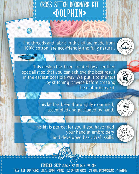 Dolphin Counted Cross Stitch Bookmark Kit for Adults - DIY Embroidery Book Marker Set with Paper Pattern, 16 Count Aida Canvas and Pre-Sorted Flos...