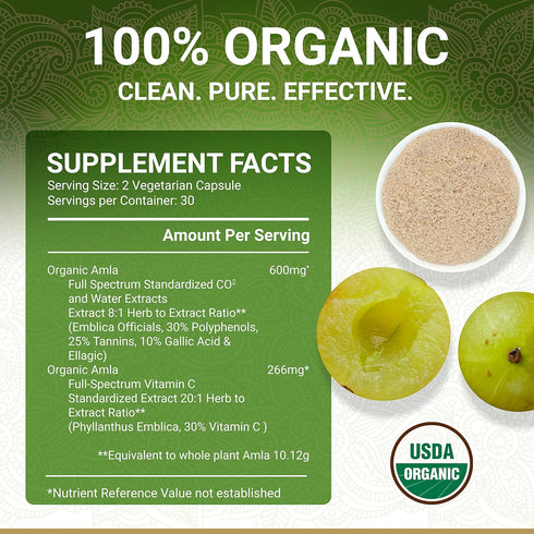 Organic Amla Capsules – Vitamin C | USDA Organic Certified | Whole Food Plant Based Vitamin C | Amalaki Supplement | Derived from Amla Fruit | Ind...