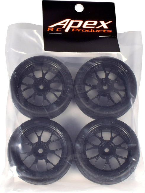 Apex RC Products 1/10 On-Road 12mm Black Mesh Wheels V Tread Rubber Tires (Set of 4) #5002...
