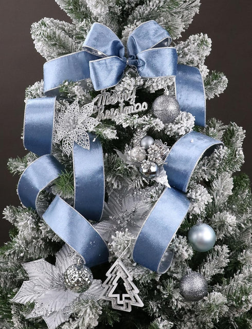 Dusty Blue Velvet Ribbon Wired 2.5" x 10 Yards Blue Christmas Wired Ribbon with Silver Metallic Back Silver Blue Wired Ribbon for Wreaths, Tree To...