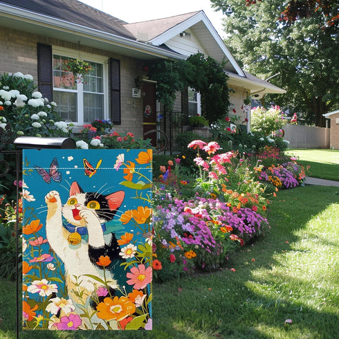 Summer Cat Garden Flag, Flower Butterfly Garden Flag, 12x18 Inch Vertical Double Sided Burlap, Welcome Holiday Yard Lawn Flag, Outdoor Patio House...