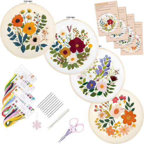Bonroy 4 Sets Embroidery Kit for Beginners with Instructions,Cross Stitch Kits for Adults with Pattern,Needlepoint Kits for Adult Include Embroide...
