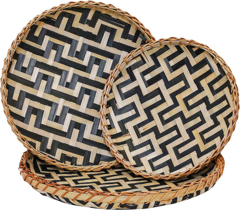 Bamboo Woven Wall Baskets Decor Boho Flat Set 3 Shallow Basket for Organizing Kitchen, for Coffee Table Trays Decorative Plates for Wall Hanging F...