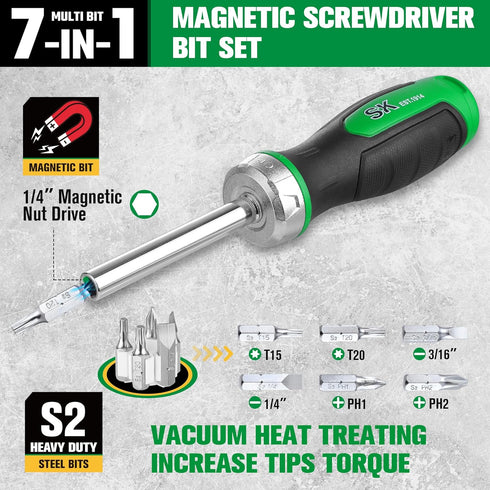 SK 7-in-1 Ratcheting Screwdriver, 216-P, 6 Bits (Phillips, Star, Slotted), 1 Nut Driver Size (1/4 Inch), S2 Steel, SureGrip Handle...