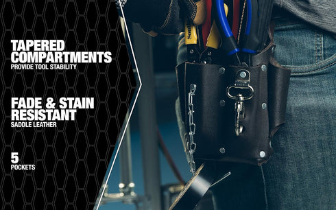 Southwire POUCH4 Leather Tool Pouch; 5 Pocket Pouch with Electrical Tape Chain; Fade Resistant; Durable Compartments; Washer Rivets; Includes Meta...