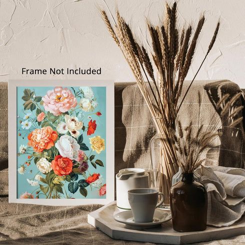 Posterizer 1 pcs-bright bouquet of flowers with baby blue background-Floral & Botanical Art-Abstract & Modern Art-Decor for Home & Office- UNFRAME...