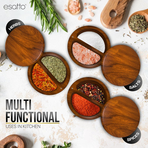 Esatto Round Acacia Wooden Salt and Spice Box, Magnetic Swivel Lid For Easy Storage or Retrieval, Salt Pepper or Spice Storage Box, With Two Worki...