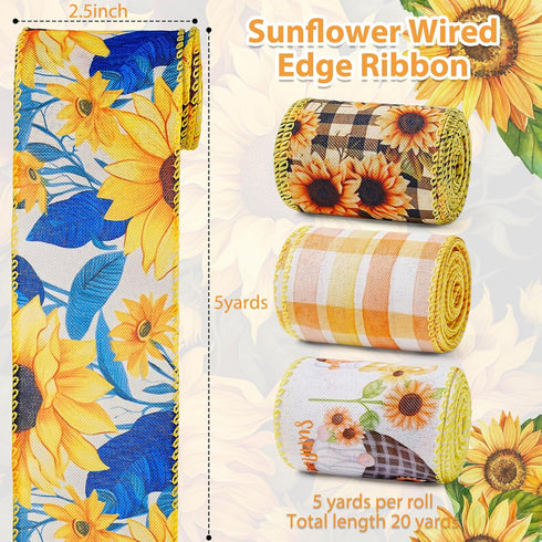 4 Rolls 20 Yards Sunflower Ribbon Wired 2.5 Summer Ribbon Yellow Flower Burlap Ribbon Sunflower Ribbons Trim for Wrapping, Party Decoration, Hair ...