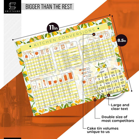 Kitchen Conversion Chart Magnet | Extra Large 11 x 8.5 | Lemon & Orange Style Decor | Magnetic Conversion Chart for Baking & Cooking Measurement |...