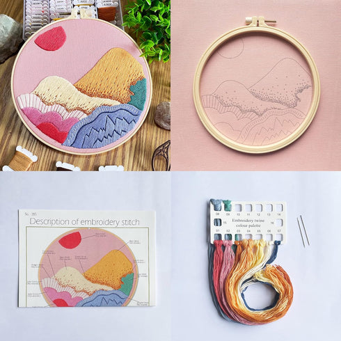 embroidery kit, pink embroidery cloth, pattern of mountains, embroidery starter kit, also includes hoop, needle, thread and instructions (pink)......