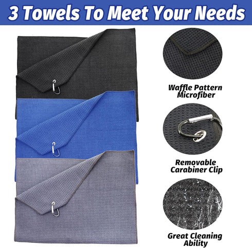 Golf Towel Set, Golf Club Cleaning Kit - 3 Microfiber Waffle Pattern Golf Towels & Golf Club Brush Groove Cleaner & Divot Repair Tool, Golf Towels...