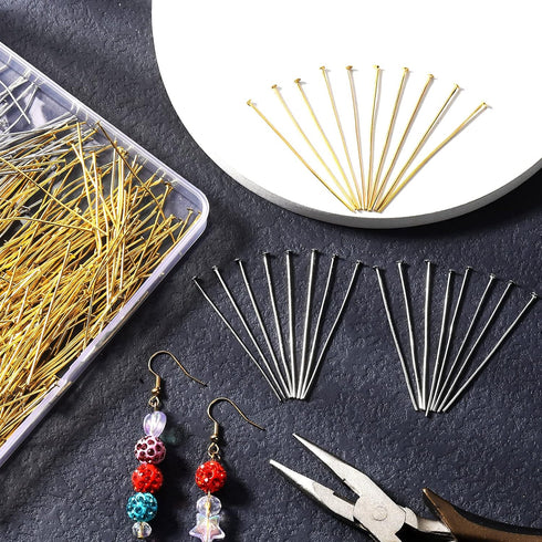 Sureio 500 Pieces Flat Head Pins for Jewelry Making 2 Inch Straight Metal End Headpins DIY Findings with Plastic Box for Craft Earring Bracelet Ne...
