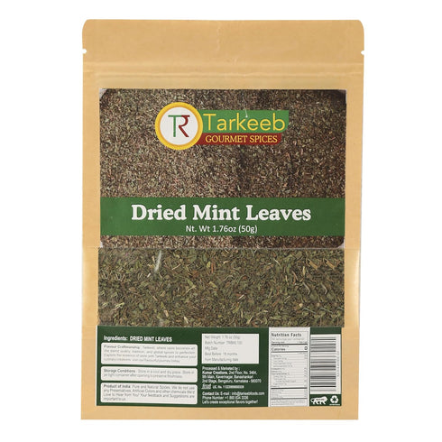 Tarkeeb Mint Leaves Cut - Dried mint leaves cut and sifted | No Stems | All Natural | Gluten Free | NON-GMO | Vegan | Net Weight: 1.76oz/50g | Ind...
