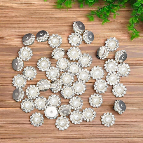 50 pcs Rhinestone Embellishments Crystal Button Silver Flatback DIY Craft for Flower Headband Dress Decoration Accessory 12mm (Silver Back Pearl)...