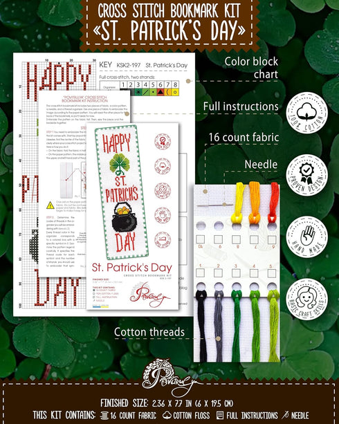 Povitrulya Counted Cross Stitch Kit 'Happy St. Patrick’s Day' - DIY Embroidery Book Marker Set for Adults with Paper Pattern, 16 Count Aida Canvas...
