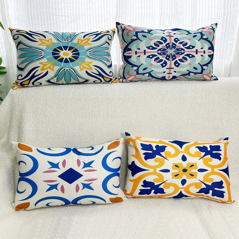 Set of 4 Outdoor Waterproof Pillow Covers 12x20 Mandala Flower Decorative Throw Pillow Covers Boho Geometric Pillow Cases for Garden Patio Home De...