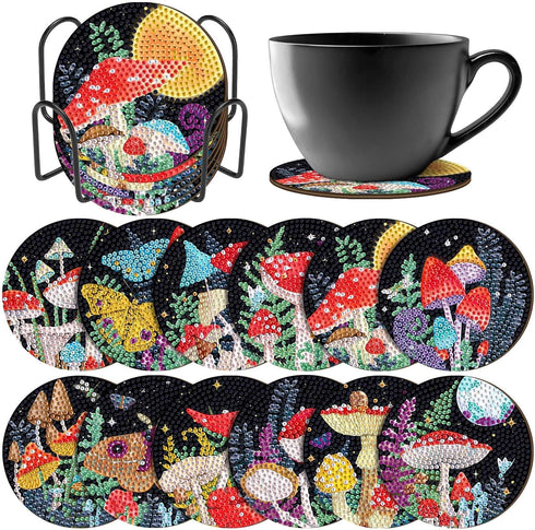 Singhoow 12 Pcs Mushroom Diamond Painting Coaster Kits with Holder DIY Mushroom Diamond Art Coaster Non Slip Diamond Coaster Kits for Adults Craft...