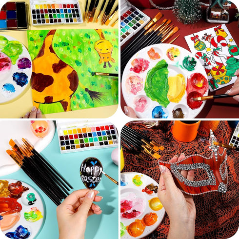 FANDAMEI Round Paint Tray Palettes and Paint Brushes Set, Paintbrushes, 3 PCS Plastic Paint Palettes Pallets, 10 PCS Acrylic Paint Brushes, Nylon ...