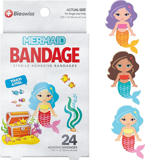 BioSwiss Bandages, Mermaid Shaped Self Adhesive Bandage, Latex Free Sterile Wound Care, Fun First Aid Kit Supplies for Kids, 24 Count...