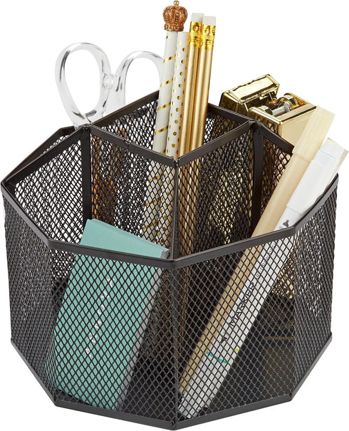 Annova Mesh Desk Organizer Rotate with 5 Compartments Spinning Tidy Candy/Pen Holder Office, Art Supply, Storage, Classroom, Home (Black)...