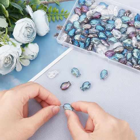 SUNNYCLUE 1 Box Fish Glass Beads Electroplated Glass Fish Beads for Jewelry Making Beading Bracelet Kit Summer Ocean Mermaid Bead Elastic Crystal ...