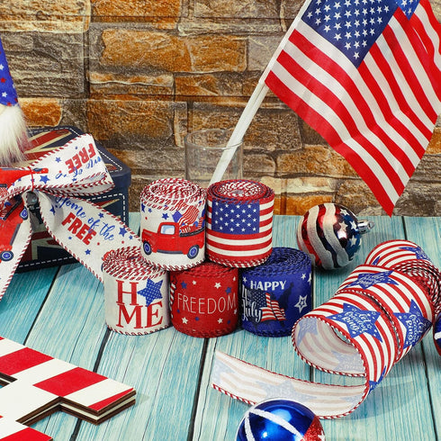 6 Rolls 30 Yards 4th of July Patriotic Craft Ribbon for Independence Day Party Decorative Ribbon Gift Wrapping Blue Red Decorative Ribbon for DIY ...