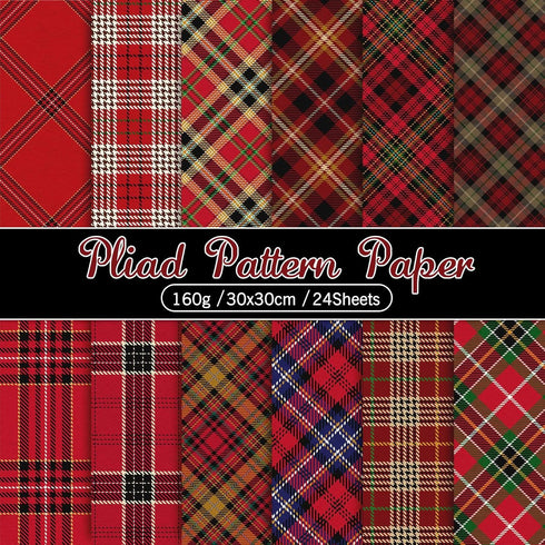 Whaline 24 Pack Christmas Pattern Paper 30x30cm Red Scottish Plaid Scrapbook Paper 12 Designs Double-Sided Xmas Craft Paper Folded Flat for DIY Ca...