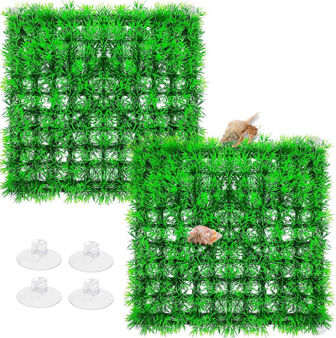 2PCS Hermit Crab Climbing Toys, 10 x 10 Inch Square Plastic Aquarium Grass Mat Decoration with 8 Suction Cups Hermit Crab Plants Lawn Supplies Her...