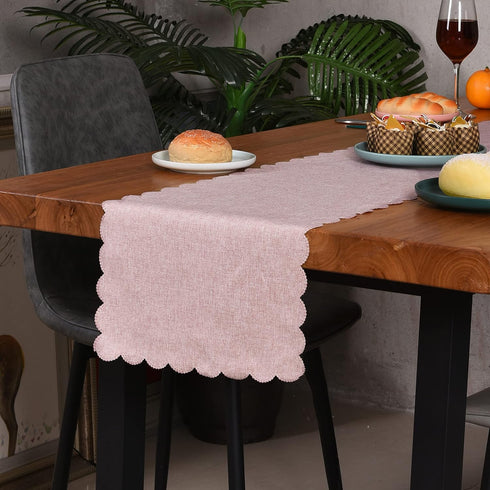 Table Runner 13 x 72 Inches Long, Cotton Linen Farmhouse Scallop Style Pink Table Linen for Kitchen Dining Coffee Table Parties Wedding Home Decor...