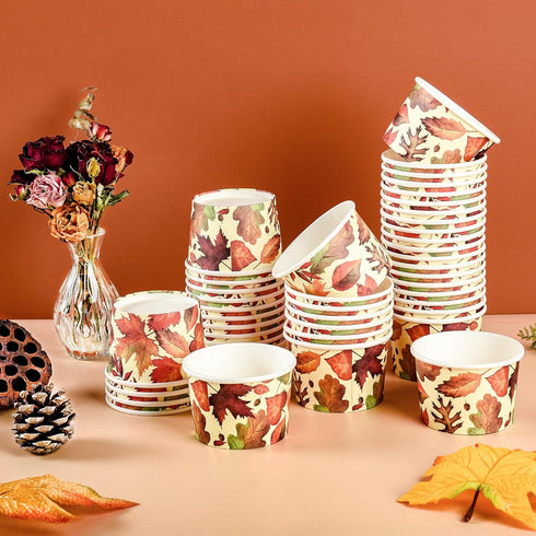 50Pcs Fall Treat Snack Cups Maple Leaves Disposable Ice Cream Cups 9 Oz. Disposable Autumn Thanksgiving Dessert Bowls for Cupcake Picnic BBQ Harve...