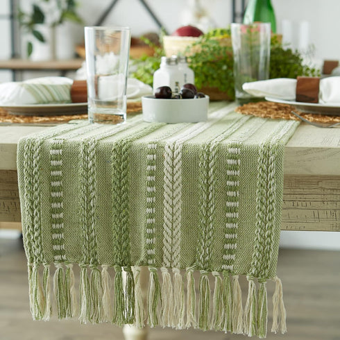 DII Farmhouse Braided Stripe Table Runner Collection, 15x72 (15x77, Fringe Included), Antique Green...