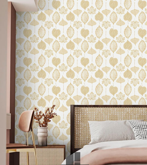 16.1"x118"Peel and Stick Wallpaper Boho White and Gold Wallpaper Leaf Textured Vintage Wallpaper Self Adhesive Wallpaper Removable Wallpaper Vinyl...