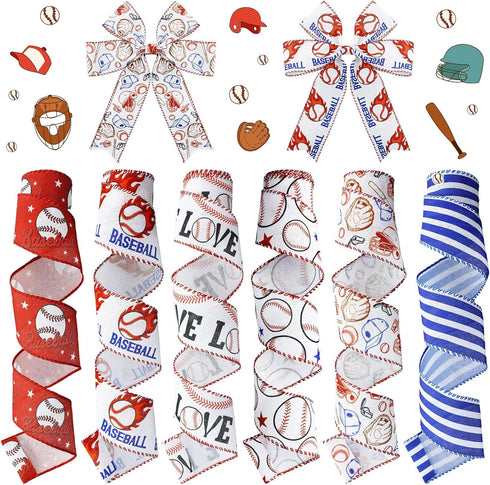 6 Rolls 30 Yards Sports Wired Edge Ribbon DIY Sport Ball Ribbon Crafts Fabric Ribbons for Gift Wrapping Bows Party Decoration Sewing Supplies...