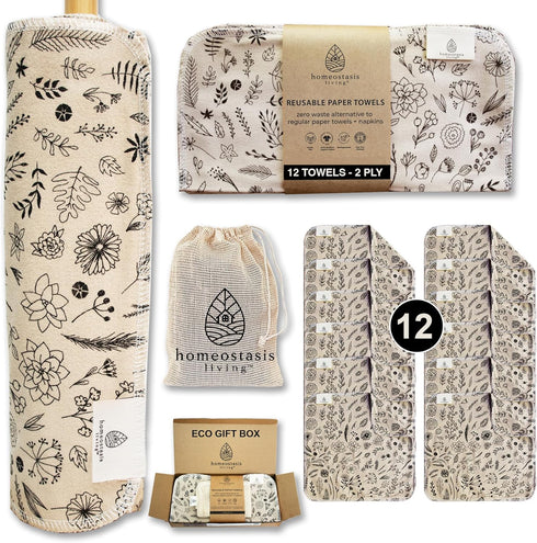 | Reusable Paper Towels with Cotton Wash Bag | Ginger Beige 12 x Washable Eco Friendly Paper Towels, Napkins Cloth Kitchen Washable Reusable Paper...