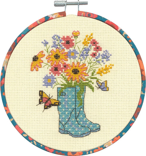 Dimensions 72-76320 Floral Boots Counted Cross Stitch Kit for Beginners, 6" D, 14 Ct. Ivory Aida, 5pcs...