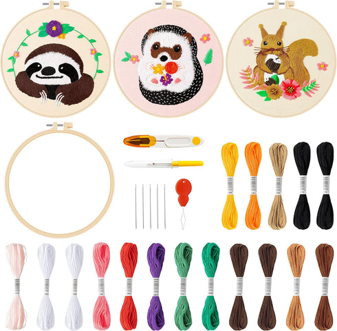 WATINC Embroidery Kits for Beginners 3 Cross Stitch DIY Kits with Embroidery Fabric Patterns Hoop Threader Instruction Needlepoint Starter Kits Ed...