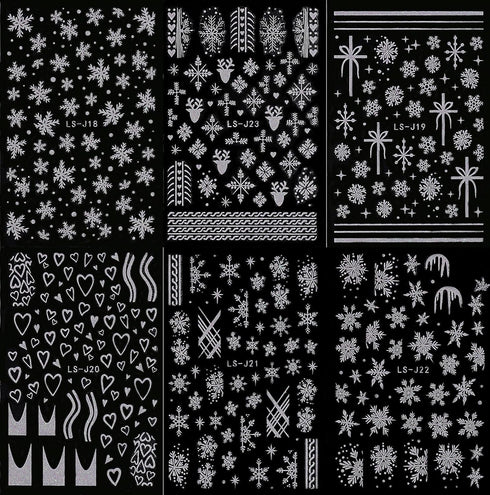 6 Sheets White Glitter Snowflakes Christmas Nail Art Stickers Decals Self-Adhesive Pegatinas Uñas Nail Supplies Nail Art Design Decoration Accesso...