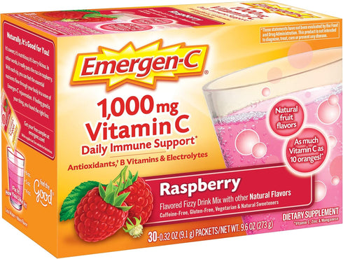 Emergen-C (30 Count, Raspberry Flavor, 1 Month Supply) Dietary Supplement Fizzy Drink Mix with 1000mg Vitamin C, 0.32 Ounce Packets, Caffeine Free...
