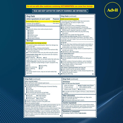 Advil Dual Action Coated Caplets with Acetaminophen, 250 Mg Ibuprofen and 500 Mg Acetaminophen Per Dose (2 Dose Equivalent) for 8 Hour Pain Relief...