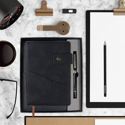 Black A5 Lined Leather Journal Notebook,Personalized Hardcover Journal Set with Pen & Gift Box,100Pages 100gsm Thick Ruled Paper Daily Diary for M...
