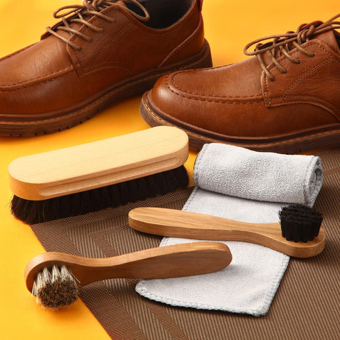 4 Pcs Horsehair Shine Shoes Brush Kit Polish Dauber Applicators Cleaning Leather Shoes Boots Care Brushes Suede Cleaner Brush with Microfiber Shoe...